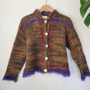 Vintage Irish wool sweater with mother of pearl buttons & colorful Fringe purple